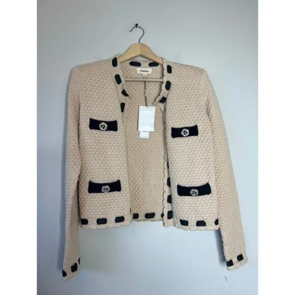 NWT L'Agence Strong Shoulder Decorative Knit Pockets Open Cardigan Cream XS